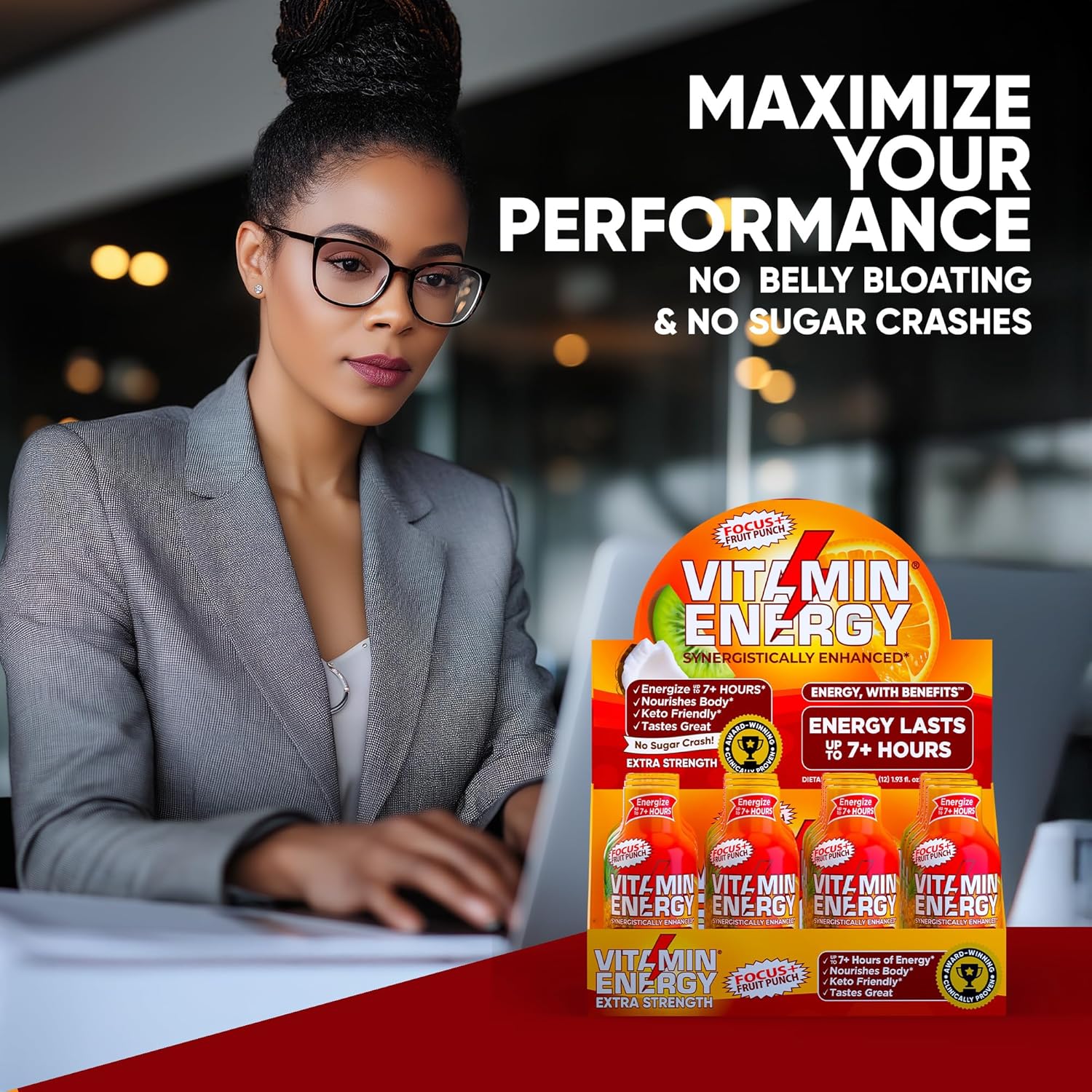 Vitamin Energy Focus+ Extra Strength Energy Shot Fruit Punch 10 Pack, 260mg Natural Caffeine, B-Vitamins, CoQ10, Amino Acids, Focus, Productivity & Clarity, Zero Sugar, Gluten-Free, 1.93 fl oz