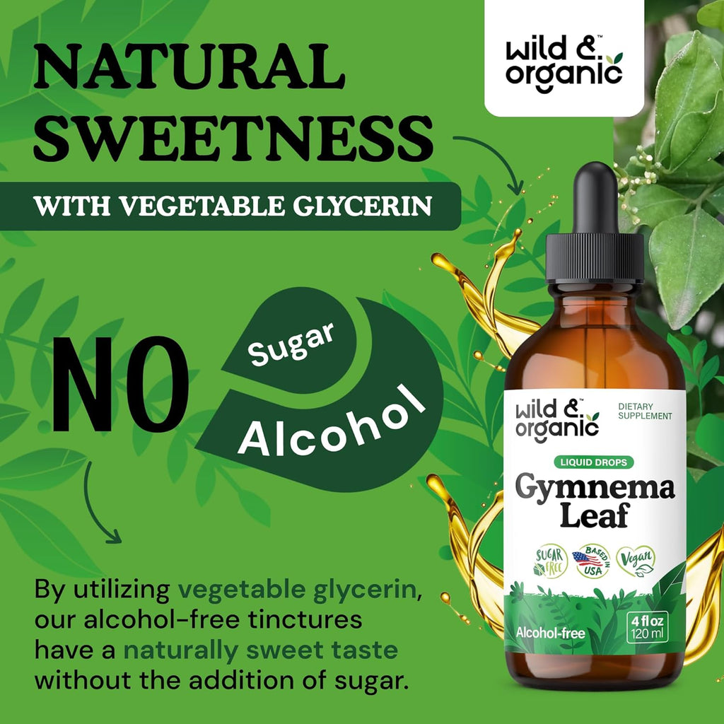 Wild & Organic Gymnema Sylvestre Extract Drops - Sugar-Free Gymnema Sylvestre Supplements - Gurmar Powder Based Tincture - Vegan, Alcohol-Free Leaf Liquid Drops - 4 fl oz