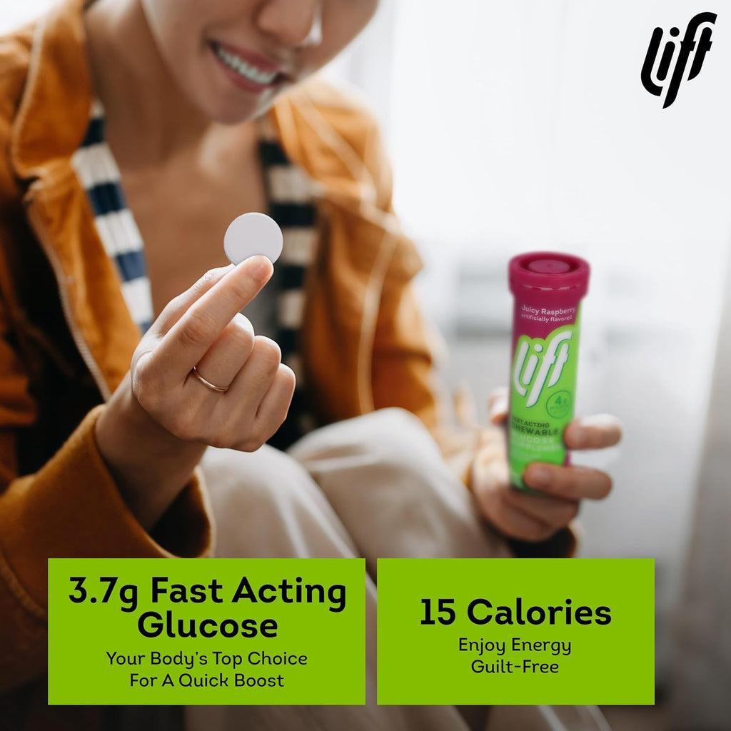Lift Glucose Fast-Acting Glucose Chewable Energy Tablets, Raspberry, 10 ct Tube (Pack of 12)
