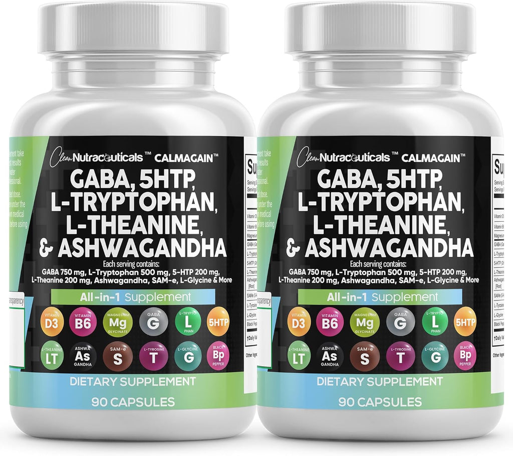Clean Nutraceuticals GABA 750mg 5 HTP 200mg L Tryptophan 500mg L Theanine 200mg Ashwagandha SAM-e L-Glycine - Mood Support Vitamins for Women and Men with L-Tyrosine (90 Count (Pack of 2))
