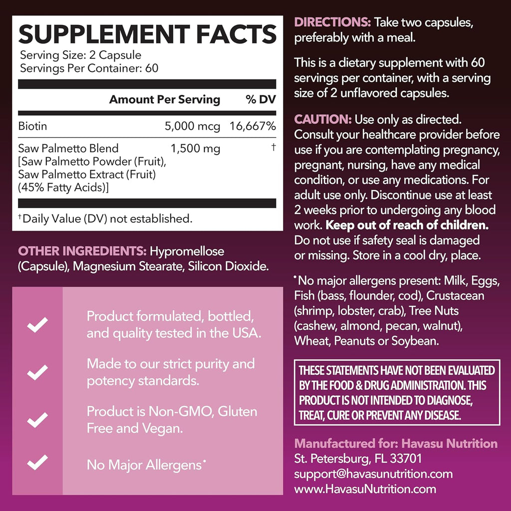 Saw Palmetto for Women with Biotin 5000mcg - Powerful DHT Blocker to Support Hair, Skin, and Nail Health - 120 Count - Vegan, Non-GMO Vitamin for Stronger, Fuller Looking Locks - 2 Month Supply
