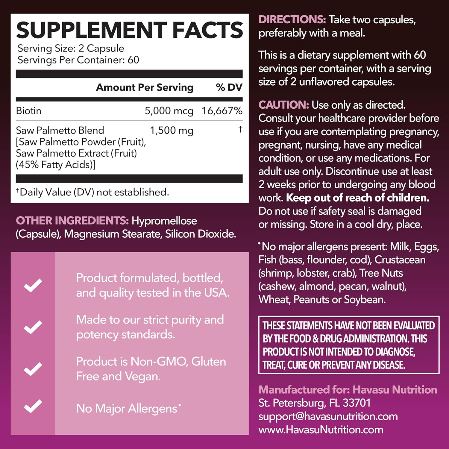 Saw Palmetto for Women with Biotin 5000mcg - Powerful DHT Blocker to Support Hair, Skin, and Nail Health - 120 Count - Vegan, Non-GMO Vitamin for Stronger, Fuller Looking Locks - 2 Month Supply