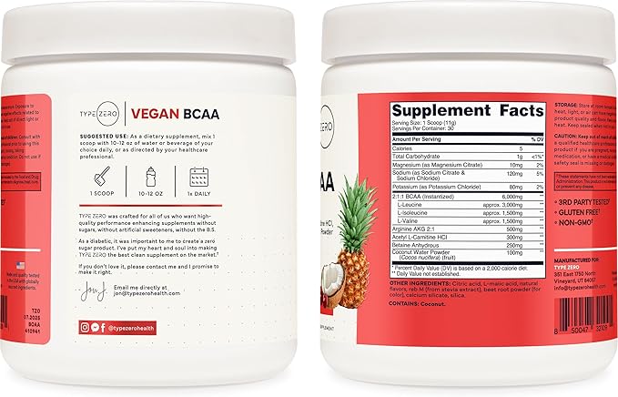Type Zero Ultra Clean Vegan BCAA Powder + Electrolytes (Tropical Fruit Punch | 6G) 2:1:1 Sugar-Free/No Sucralose BCAAs Amino Acids Supplement - BCAA Vegan Amino Acids After Workout Drink, 30 Servings