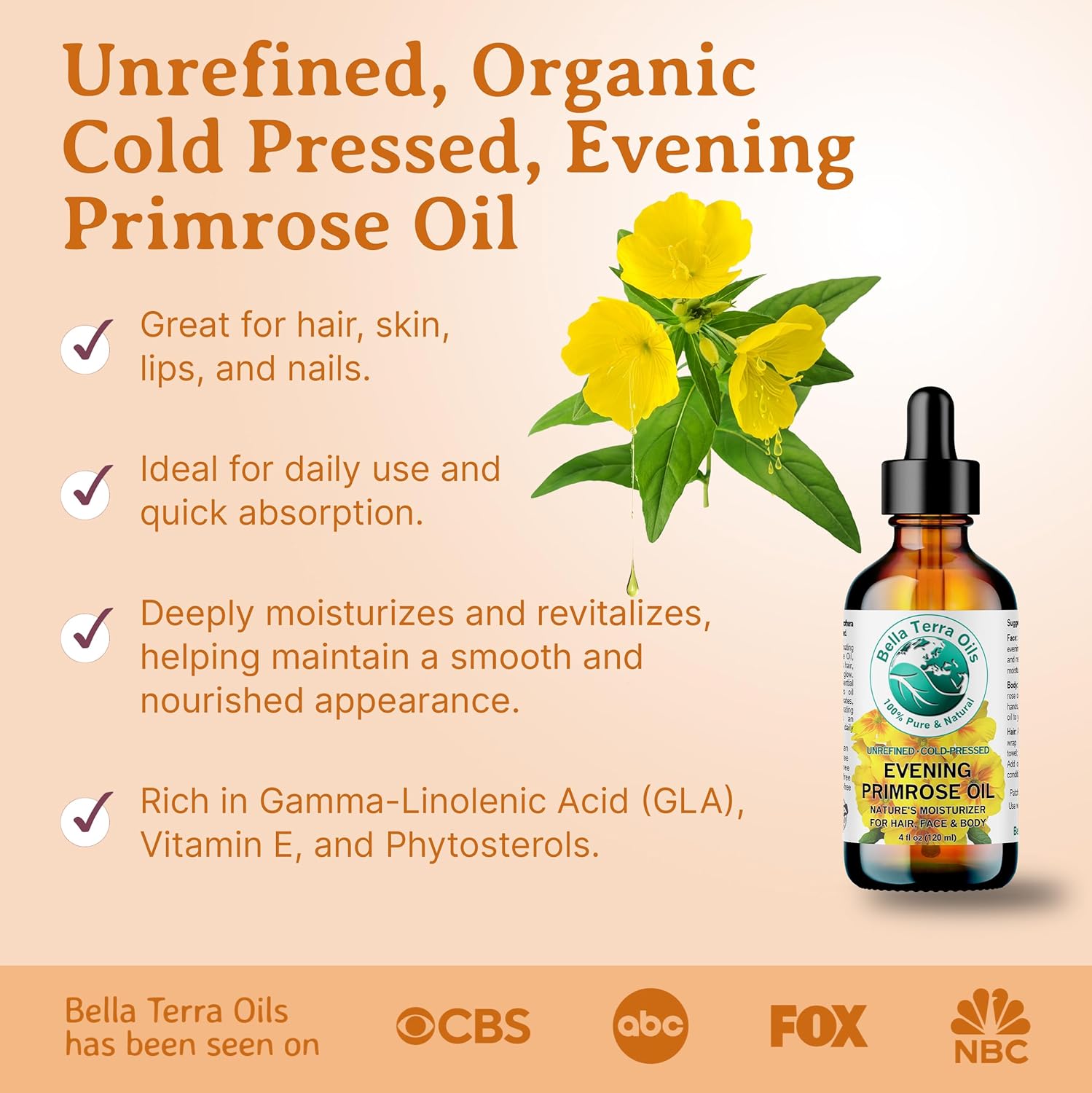 Bella Terra Oils - Organic Evening Primrose Oil 4 oz - Dive into Pure Primrose Essence, Abundant in Fatty Acids, A Luxurious Blend for a Radiant Glow