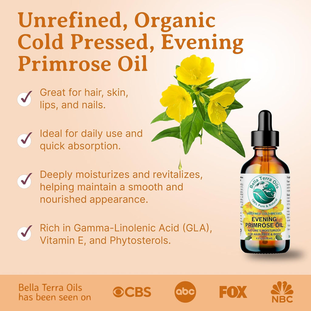 Bella Terra Oils Pure Evening Primrose Oil for Radiant Skin and Lustrous Hair – 1 gallon, Nutrient-Rich, Non-Greasy, Quick Absorb