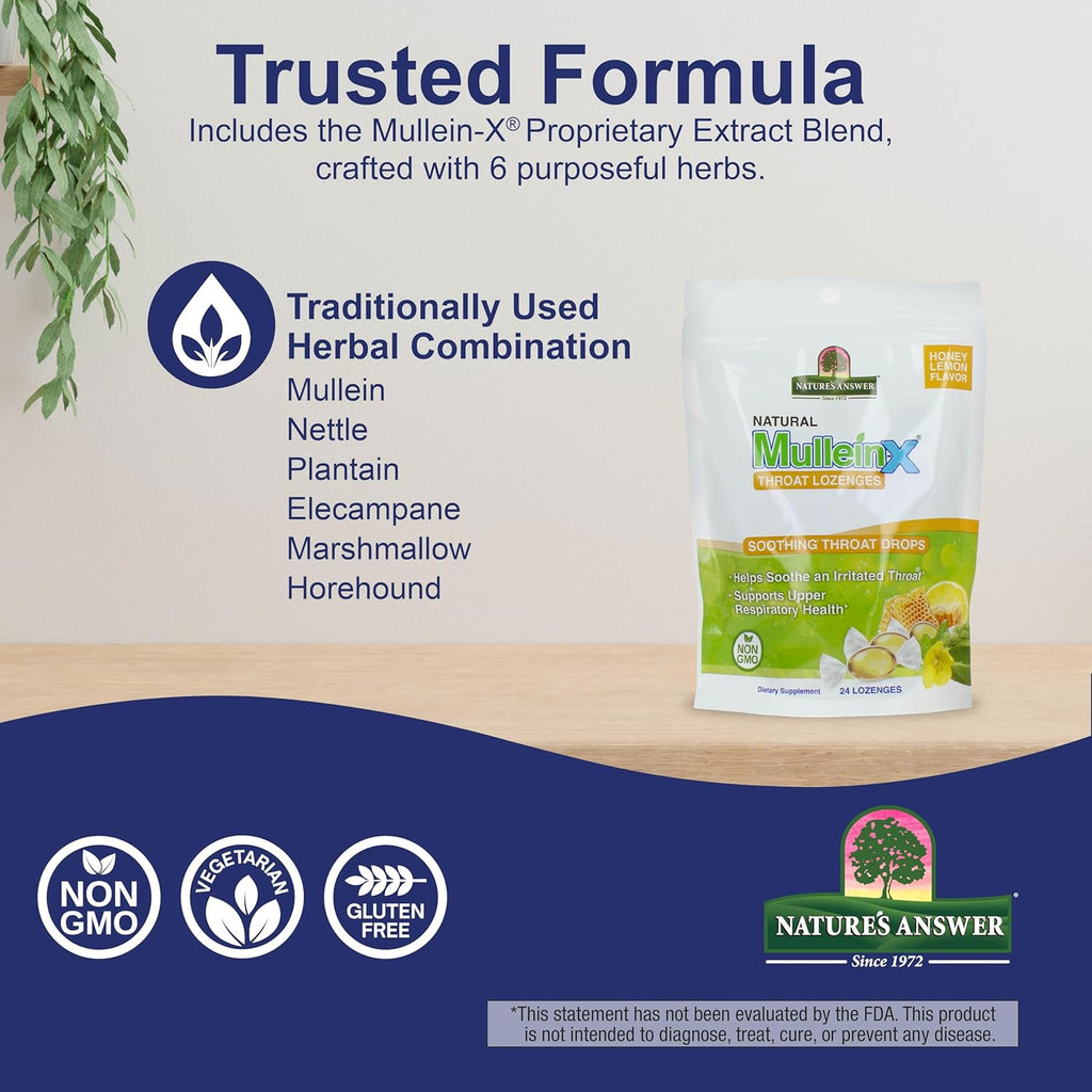 Nature's Answer Mullein‑X Respiratory Soothing Throat Lozenges 24‑Count – Alcohol‑Free Herbal Cough Support with Mullein, Marshmallow, English Ivy & Honey – Non‑GMO, Gluten‑Free