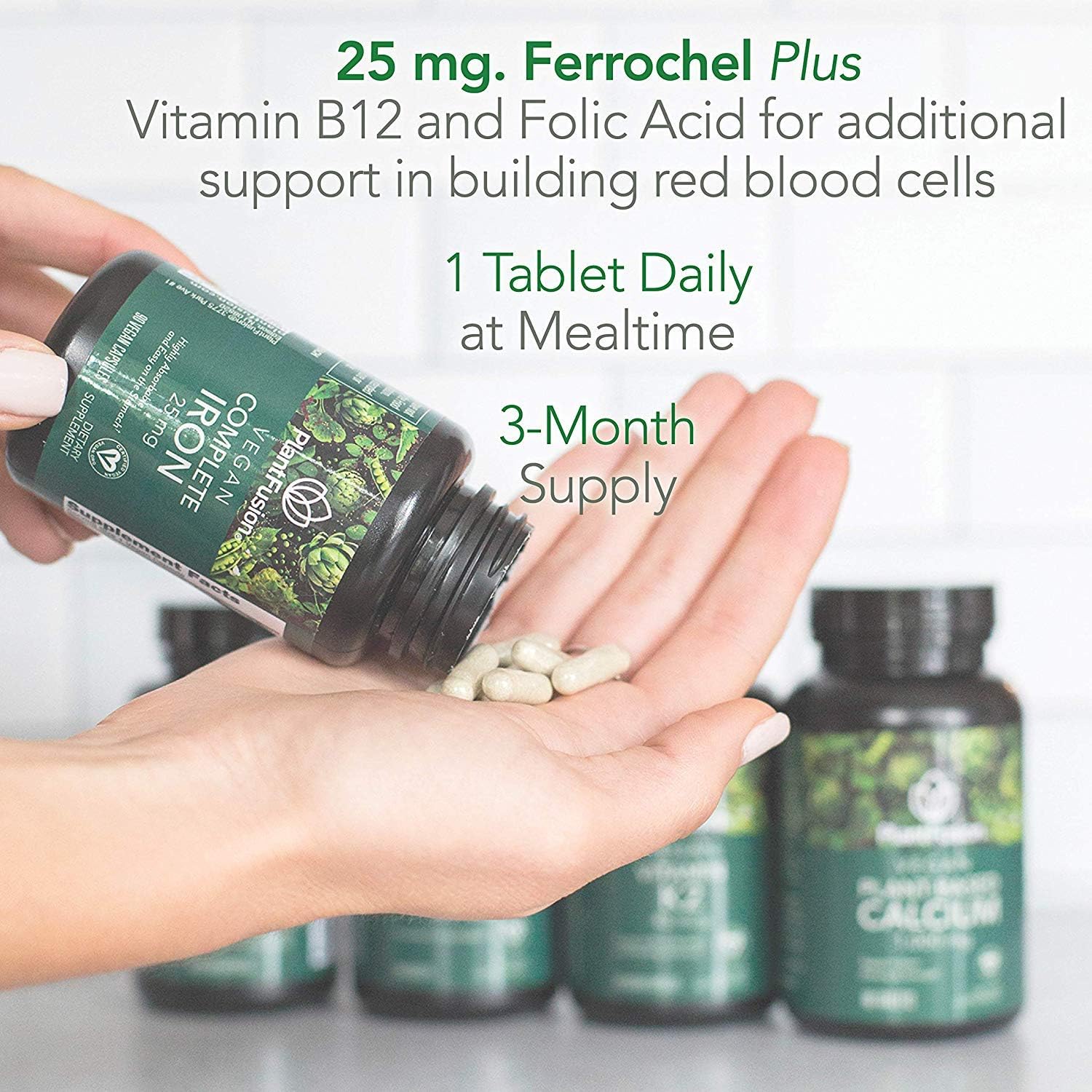 PlantFusion Vegan Iron Supplements from, Premium Plant Based Iron Supplements for Women and Men (25mg), Plus Folate & B12, 90 Veggie Capsules