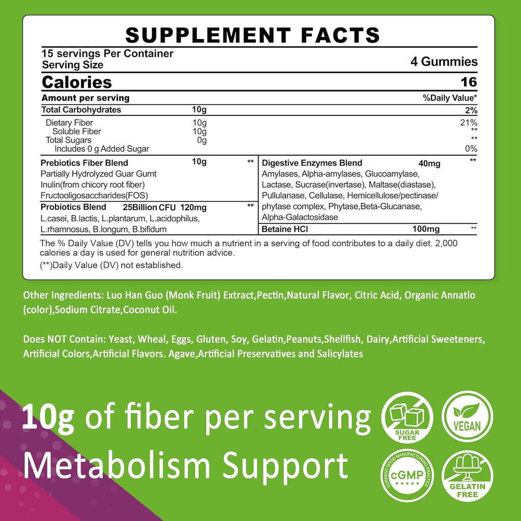 Fiber Gummies for Adults, Sugar Free 10g Prebiotic Fiber Supplement with Digestive Enzymes, Probiotics & 100mg Betaine for Digestive & Gut Health and Regulate Bowel Movement, Vegan, Gelatin Free, 60ct