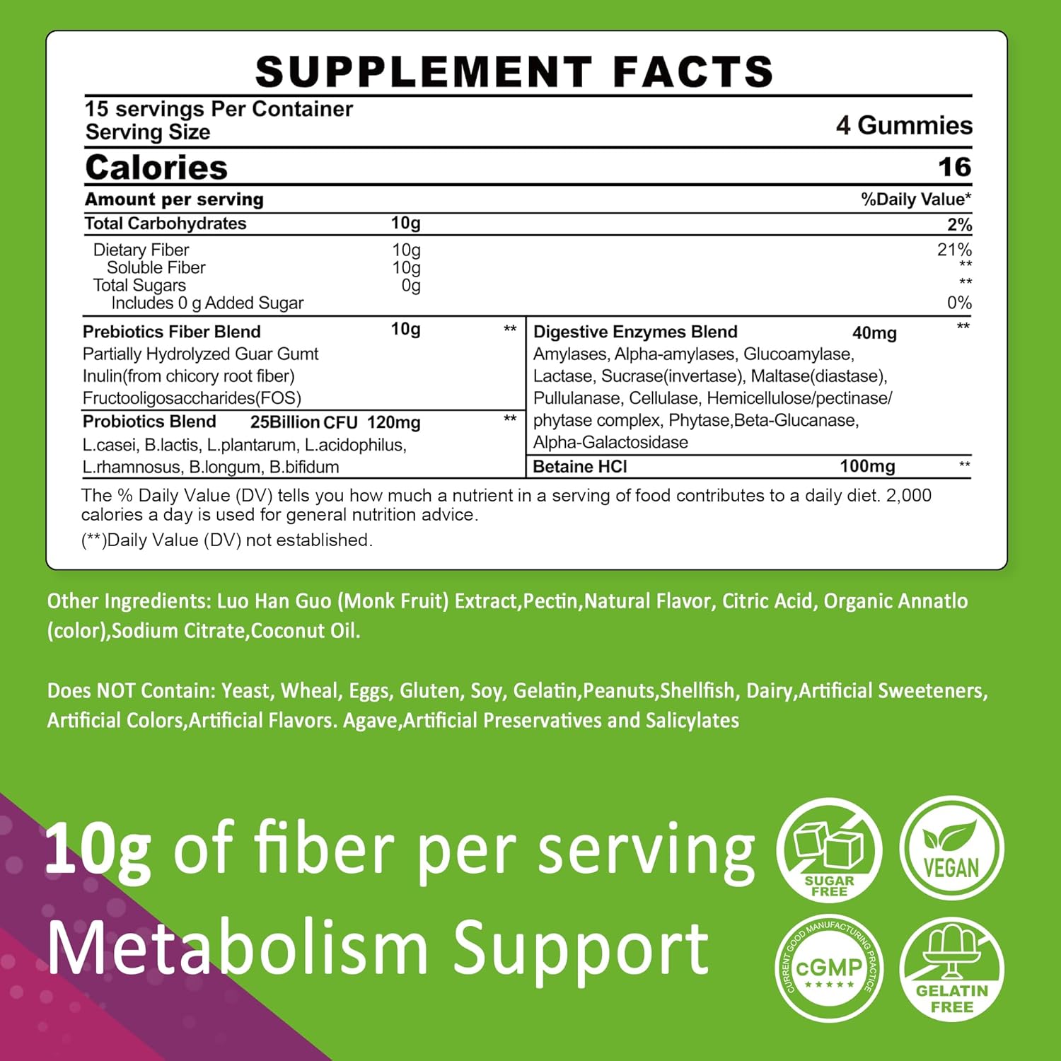 Fiber Gummies for Adults, Sugar Free 10g Prebiotic Fiber Supplement with Digestive Enzymes, Probiotics & 100mg Betaine for Digestive & Gut Health and Regulate Bowel Movement, Vegan, Gelatin Free, 60ct