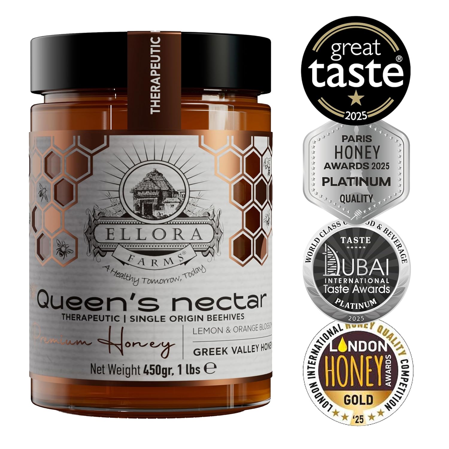 Ellora Farms Greek Honey, Lemon & Orange Blossom Raw Honey Unfiltered, 2025 Paris Platinum Award, Non-GMO and Unpasteurized, Dipper Included - 450g (1lbs)
