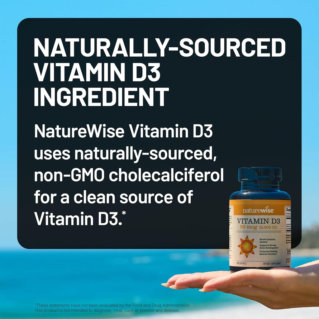 NatureWise Vitamin D3 2000iu (50 mcg) 200-Day Supply for Immune Support, Healthy Muscle Function, and Bone Health - Non-GMO, Gluten Free in Organic Extra Virgin Olive Oil, (Mini Softgel), 200 Count