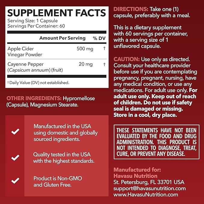 HAVASU NUTRITION Apple Cider Vinegar Capsules with 500mg Apple Cider Vinegar and 20mg Cayenne Pepper - Bloating Relief and Appetite Suppressant; Non-GMO; 60 Capsules for Men and Women