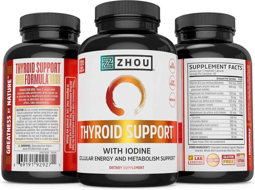 Zhou Thyroid Support - Thyroid Supplement for Women & Men with Zinc, Iodine & Selenium, Metabolic Health Thyroid Complex, Antioxidant Support with Aswagandha & Kelp - 120 Veggie Capsules