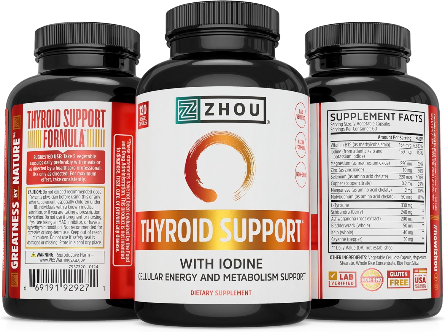 Zhou Thyroid Support - Thyroid Supplement for Women & Men with Zinc, Iodine & Selenium, Metabolic Health Thyroid Complex, Antioxidant Support with Aswagandha & Kelp - 120 Veggie Capsules