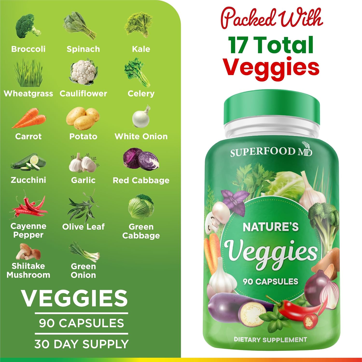 Superfood MD Veggies Supplement - 90 Veggie Capsules - Supports Energy Levels, Beta Carotene, Vitamins & Minerals - Soy Free - 90 Count