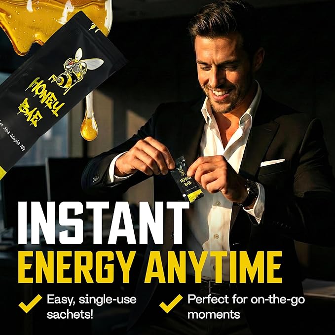 Honey Bae Natural Honey Satchets 12 Pack - Supplement for Vitality, Performance & Stamina - 15 Gram Satchet - Herbal Energy Boost for Men