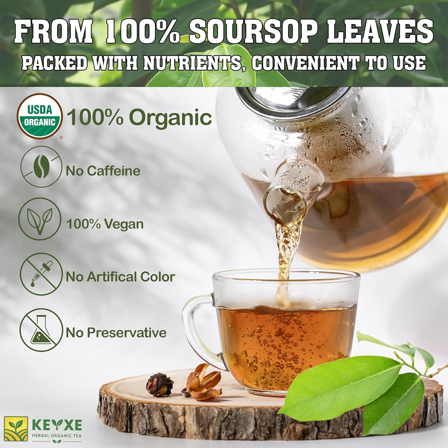 KEYXE - USDA Organic Soursop Graviola Leaves Tea 110 Bags. Non-GMO Verified, 100% Organic Soursop Leaves for Gluten Free, Caffein Free, Hojas De Guanabana Tea Organica, Eco-Conscious Tea Bags