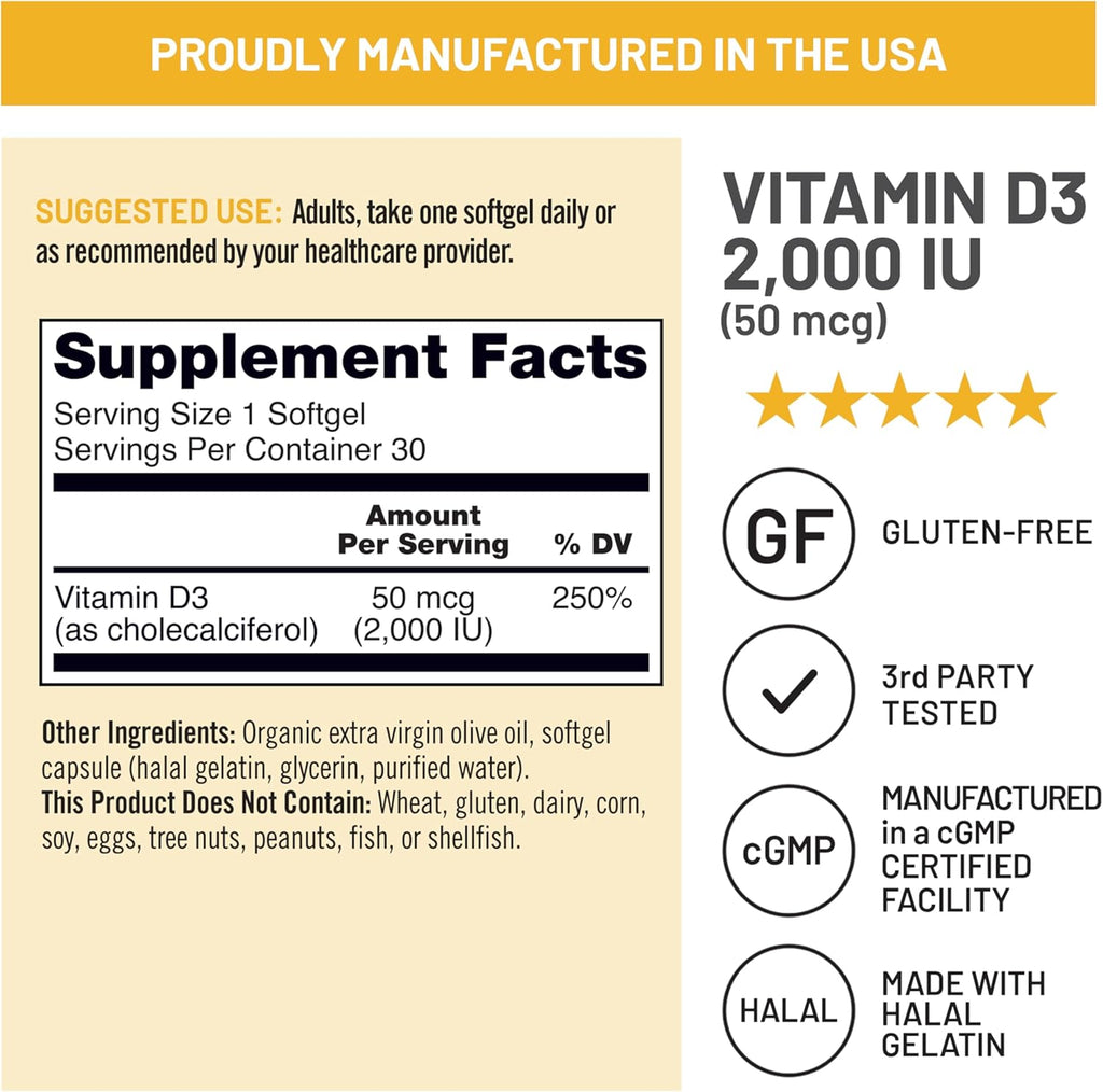 NatureWise Vitamin D3 2000iu (50 mcg) 30-Day Supply for Immune Support, Healthy Muscle Function, and Bone Health - Non-GMO, Gluten Free in Organic Extra Virgin Olive Oil, (Mini Softgel), 30 Count