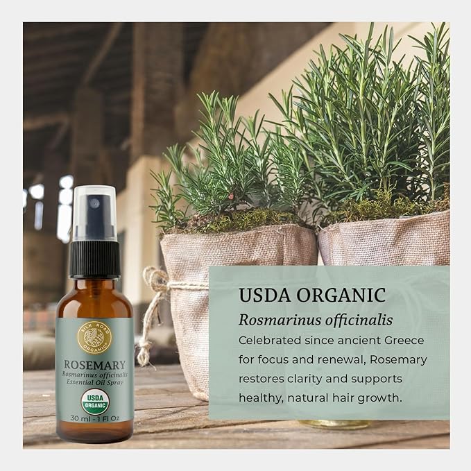 Silk Road Organic Rosemary Essential Oil & Jojoba Spray, USDA Certified, Support Hair Growth & Health – 1 oz. Aromatherapy Spray