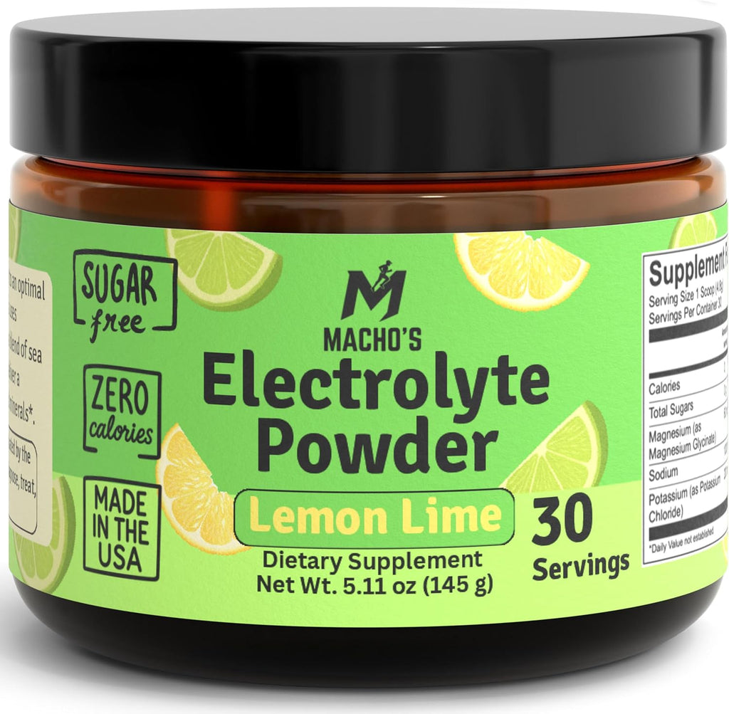 Macho's Lemon Lime Electrolyte Powder - Sugar Free, Zero Calorie, No Maltodextrin, Naturally Sweetened, Made in The USA - Hydration Mix Made with Essential Electrolytes and Minerals | 30 Servings