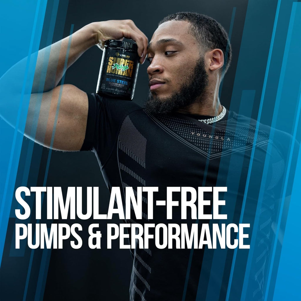 ALPHA LION Superhuman Pump Pre Workout Powder, Nootropic Caffeine & Stim Free Preworkout Supplement, Nitric Oxide Booster, Muscle Gainer, Energy & Focus (42 Servings, Blueberry Steel Flavor)