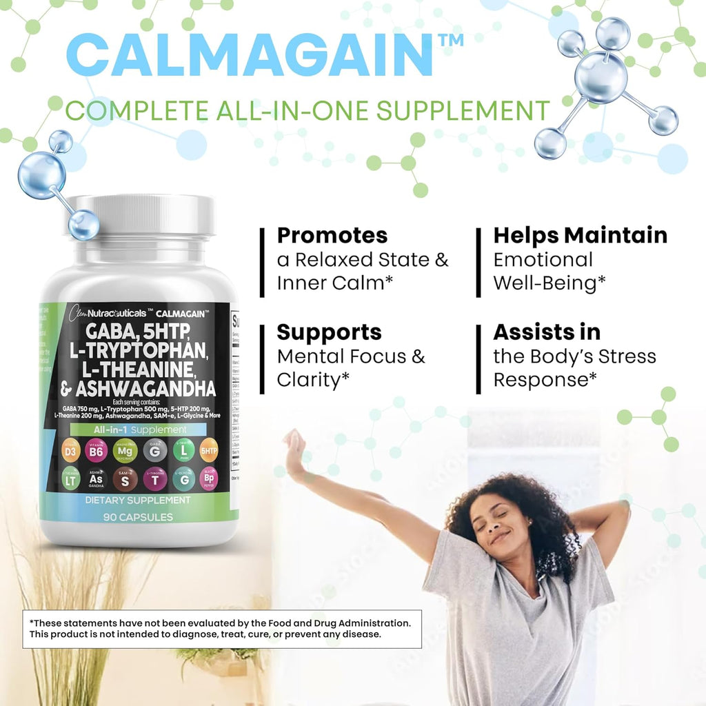 Clean Nutraceuticals GABA 750mg 5 HTP 200mg L Tryptophan 500mg L Theanine 200mg Ashwagandha SAM-e L-Glycine - Mood Support Vitamins for Women and Men with L-Tyrosine (90 Count (Pack of 5))