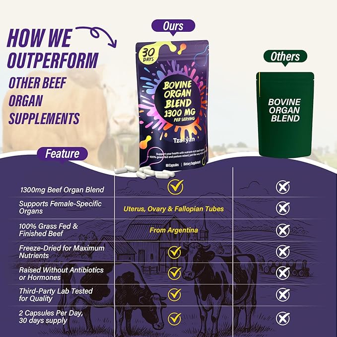 1300MG Beef Organ Supplement for Women, 100% Grass Fed Beef Liver, Uterus, Ovary & 3 More, Bovine Organ Capsules for Supports Women's Overall, Endocrine Balance, Energy, Immunity, 30 Days
