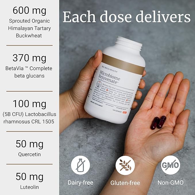 BIG BOLD HEALTH Microbiome Rejuvenate Prebiotic + Probiotic Supplement for Gut Health & Immune System Support - with Immune-Active Himalayan Tartary Buckwheat - Gluten-Free (120 Count (Pack of 1))