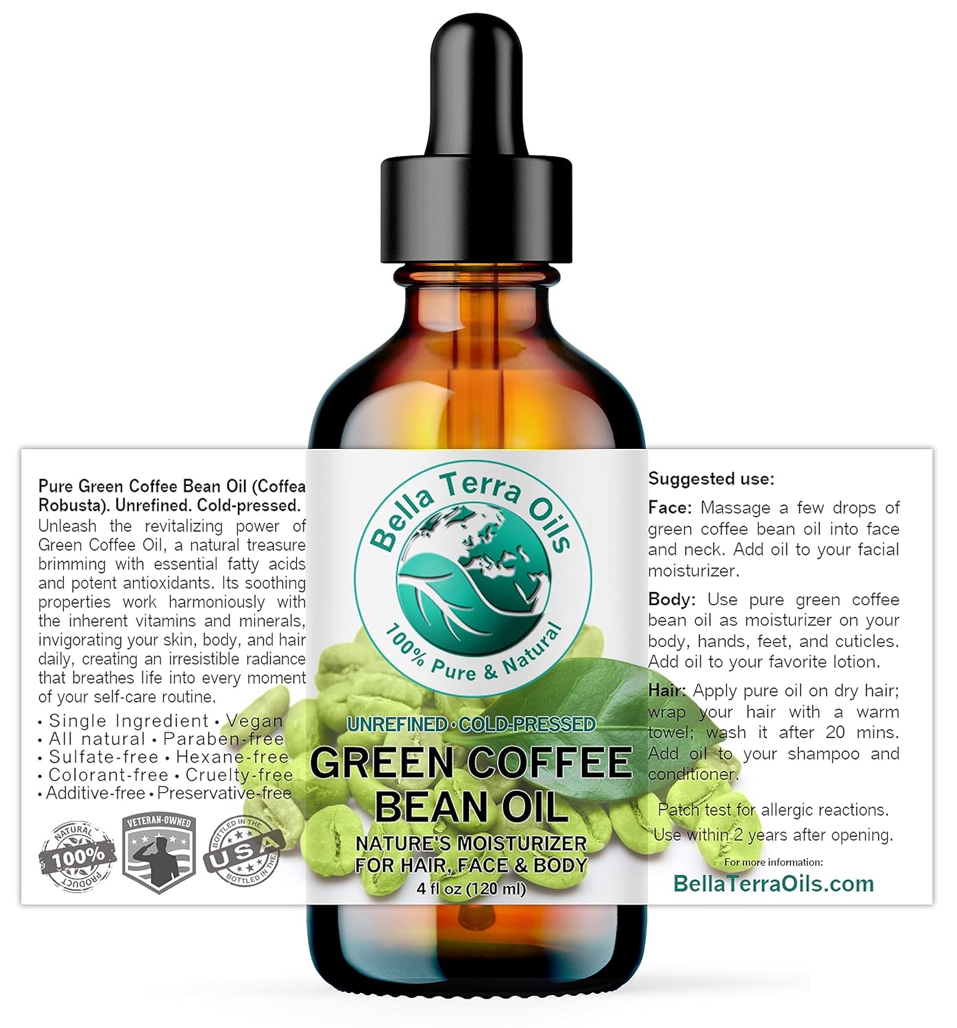 Bella Terra Oils - Green Coffee Bean Oil 4 oz - Rich in Quinic Acid & Lignans, Cold-Pressed from Authentic Coffee Beans, Premium Skin Nourishment
