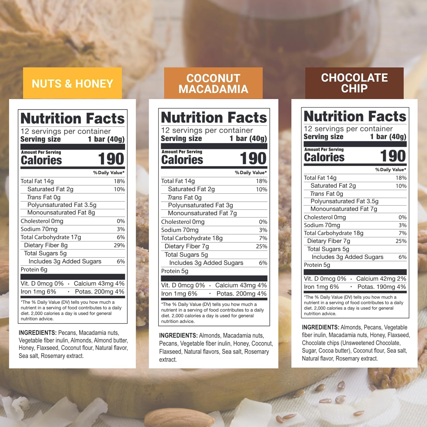 Prolon Fasting Bars | 5g Protein, 7g Fiber | Keto-Friendly, Gluten-Free, Dairy-Free, Plant-Based | Nutrition for Intermittent Fasting | Variety Pack | Nuts & Honey, Chocolate Chip, Coconut Macadamia (12 Count)