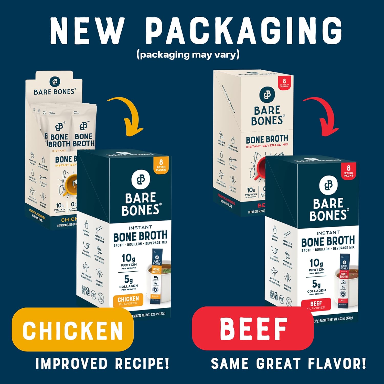 Bare Bones Bone Broth Instant Powdered Mix, Variety Pack, 8 Chicken and 8 Beef, 15g Sticks, 10g Protein, Keto & Paleo Friendly Bone Broth Packets, 16 Total Servings