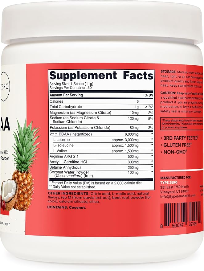 Type Zero Ultra Clean Vegan BCAA Powder + Electrolytes (Tropical Fruit Punch | 6G) 2:1:1 Sugar-Free/No Sucralose BCAAs Amino Acids Supplement - BCAA Vegan Amino Acids After Workout Drink, 30 Servings