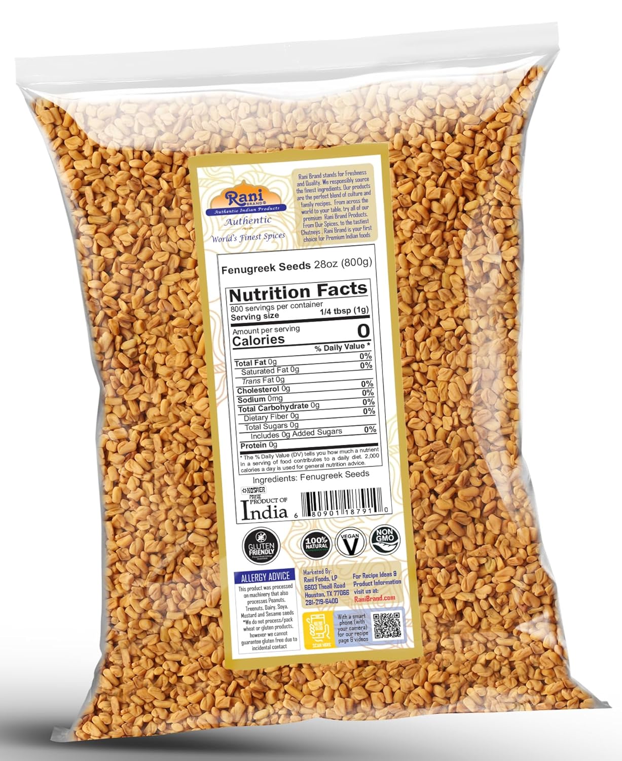Rani Fenugreek (Methi) Seeds Whole 28oz (800g) Trigonella foenum graecum ~ All Natural | Vegan | Gluten Friendly | Non-GMO | Kosher | Indian Origin, used in cooking & Ayurvedic spice
