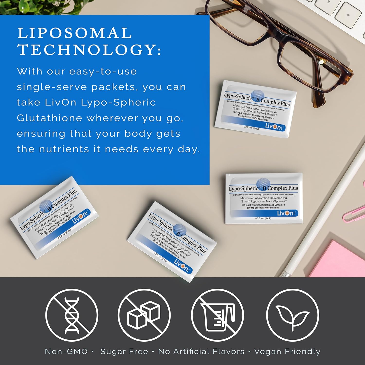 LivOn Laboratories Lypo–Spheric B Complex Plus – 30 Packets – 195 mg B Vitamins, Minerals & Cinnamon Per Packet – Liposome Encapsulated for Improved Absorption – 100% Non–GMO