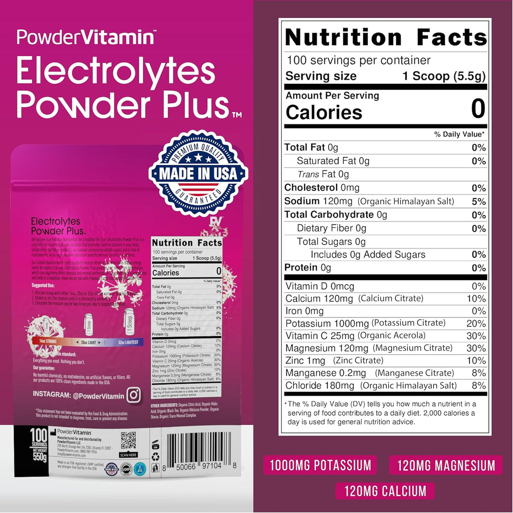 PowderVitamin Electrolytes Powder Plus (100 Servings) Black Tea Hibiscus Electrolyte Powder Keto, Sugar Free, Pink Himalayan Salt,1000mg Potassium,120mg Calcium,120mg Magnesium, Hydration Powder