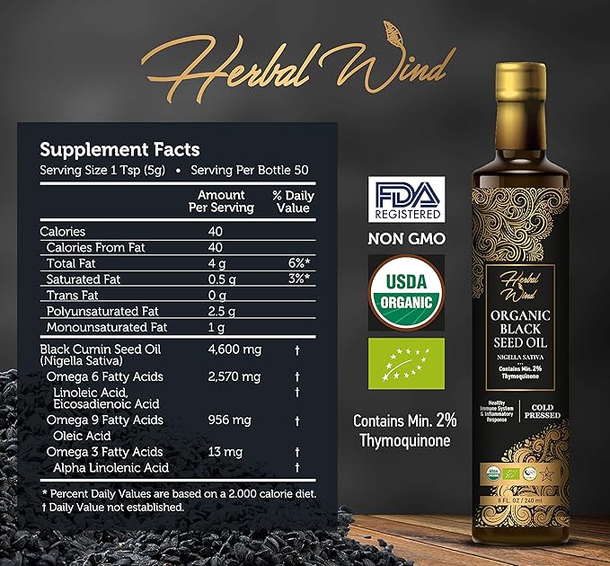 Herbal Wind Black Seed Oil: Cold Pressed USDA Organic Black Seed Oil Liquid - Turkish Nigella Sativa Black Cumin Seed Oil with Min. 2% Thymoquinone for Immune Support, Joint Health and More - 8 Fl Oz