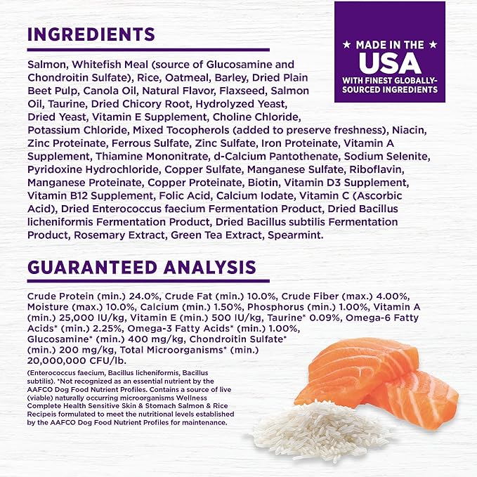 Wellness Complete Health Sensitive Skin & Stomach Dry Dog Food, Wholesome Grains, Natural, Salmon & Rice Recipe, (24-Pound Bag)