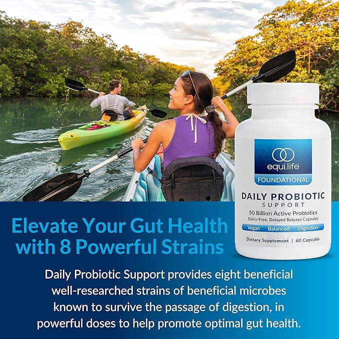Equilife Daily Probiotic Support, 50 Billion CFU, 8 Probiotic Strains, Digestive and Gut Health Supplement for Men and Women, Gluten Free, Soy and Dairy Free, Non GMO, American Made, 60 Capsules