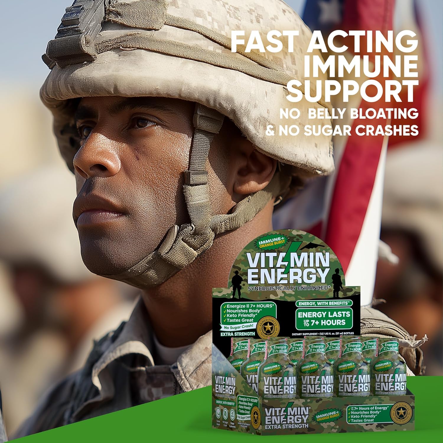 Vitamin Energy Immune+ Extra Strength Energy Shot Army Orange 12 Pack, 260mg Natural Caffeine, B-Vitamins, Citicoline, Green Tea, Immunity & Focus Support, Zero Sugar, Gluten-Free 1.93 fl oz