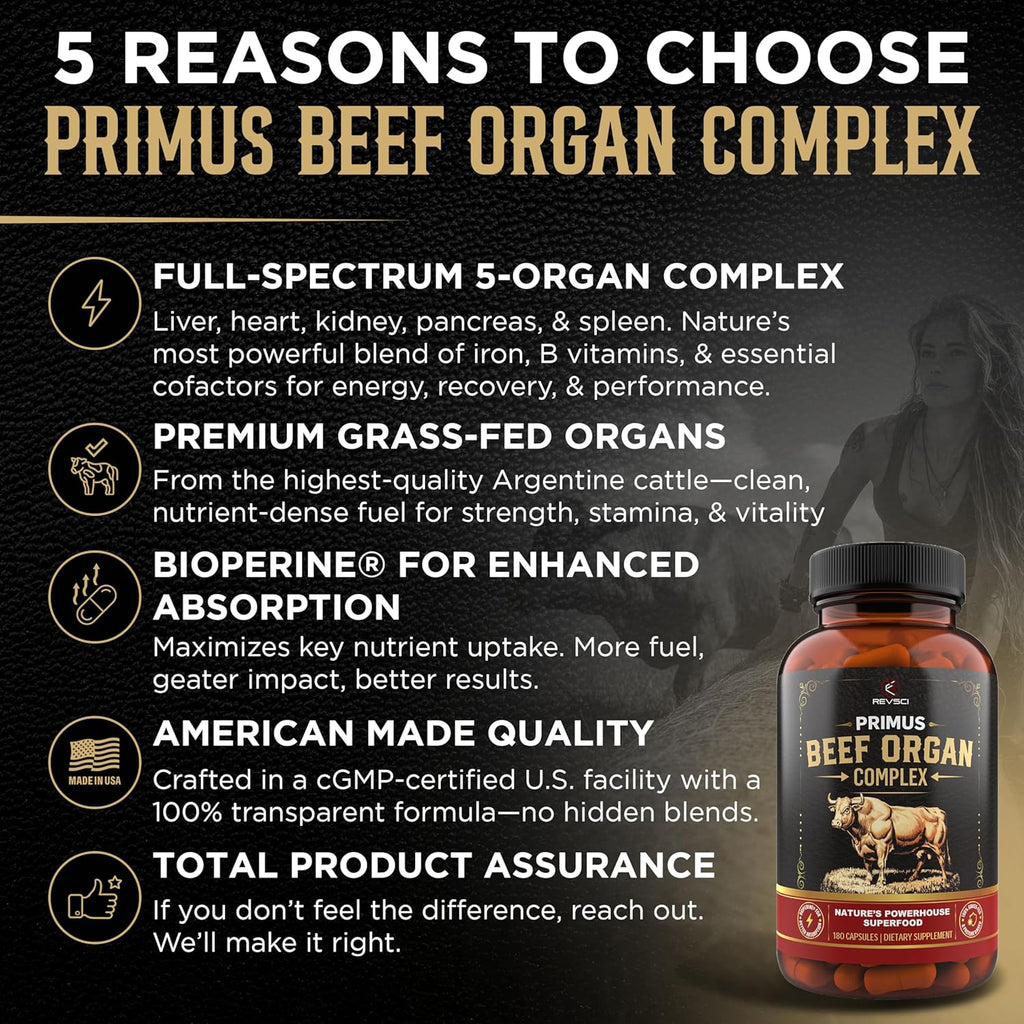 Grass Fed Beef Organ Supplement for Men & Women - PRIMUS Grassfed Beef Liver Capsules with Heart, Ancestral Blend 5 Organ Meat Supplements & BioPerine for Absorption, Vitality, Energy, 180 Pills