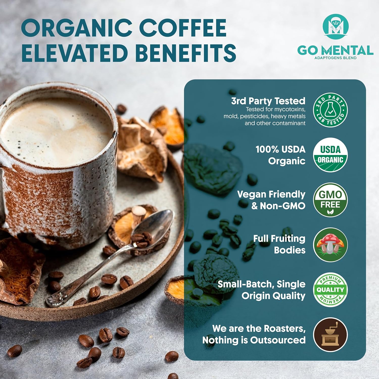Organic Lion's Mane and Chaga Mushroom Coffee Dark Roast, Full Fruiting Bodies, For Enhanced Brain Function, Immune Support, Wellbeing, Grade 1 Single Origin Peruvian, 12oz - Ground (2 Pack)
