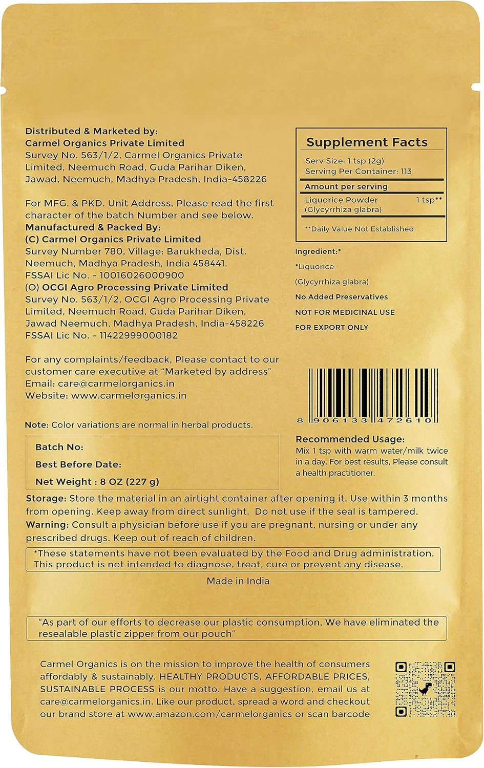 CARMEL ORGANICS Licorice Root Powder - 8 Ounce | Herbal Supplement | Natural Sweetener and Digestive Aid | Non-GMO | No Added Preservatives & Additives