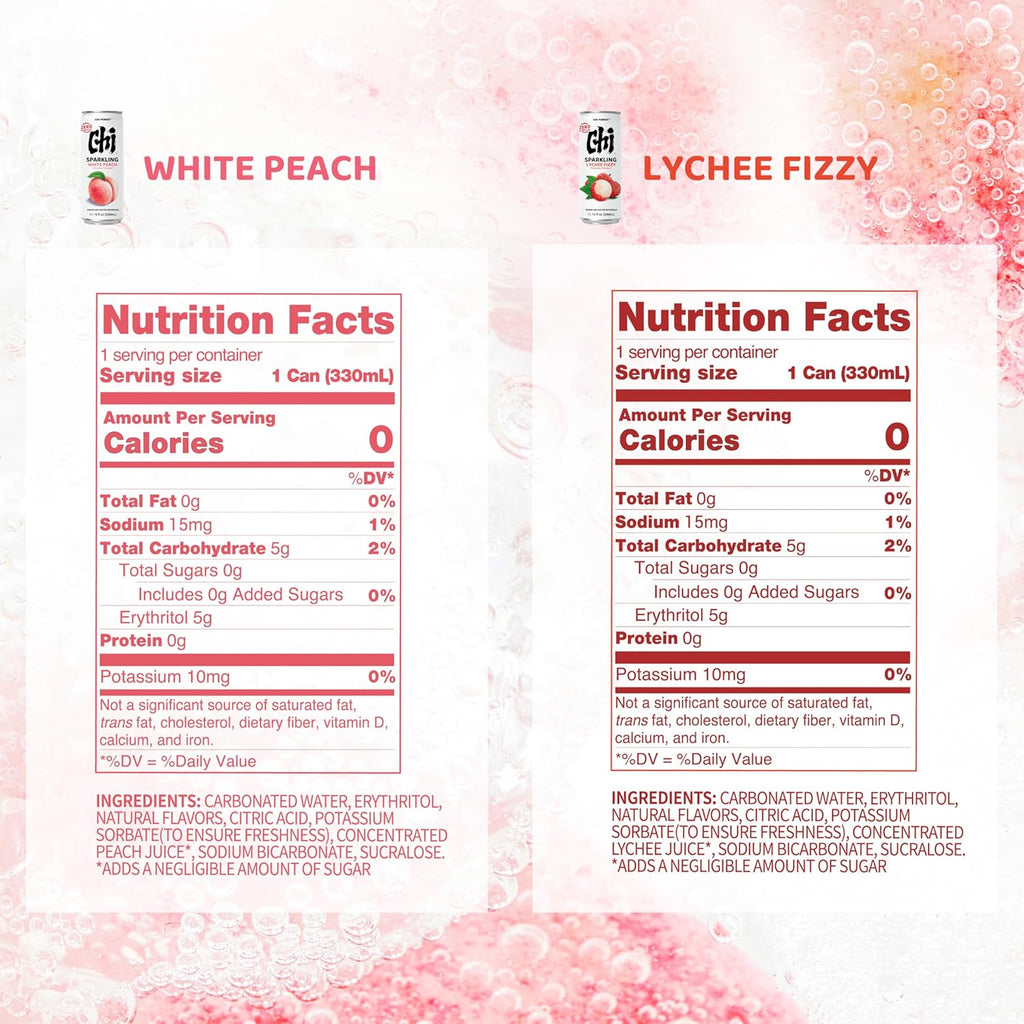 CHI FOREST Sparkling Water Beverage, Lychee & White Peach, 2 Flavors, Zero Sugar, 11.16 fl oz Cans (Pack of 24)