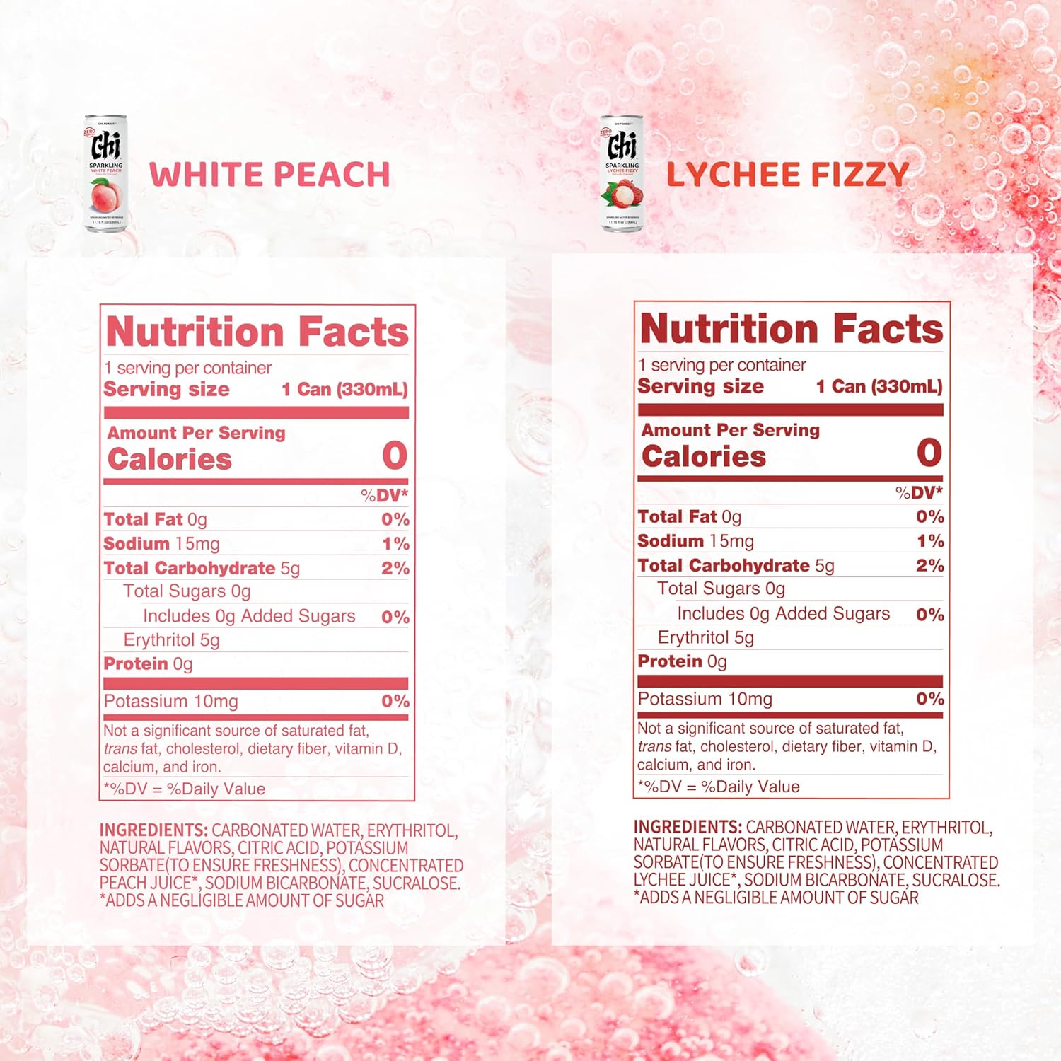 CHI FOREST Sparkling Water Beverage, Lychee & White Peach, 2 Flavors, Zero Sugar, 11.16 fl oz Cans (Pack of 24)