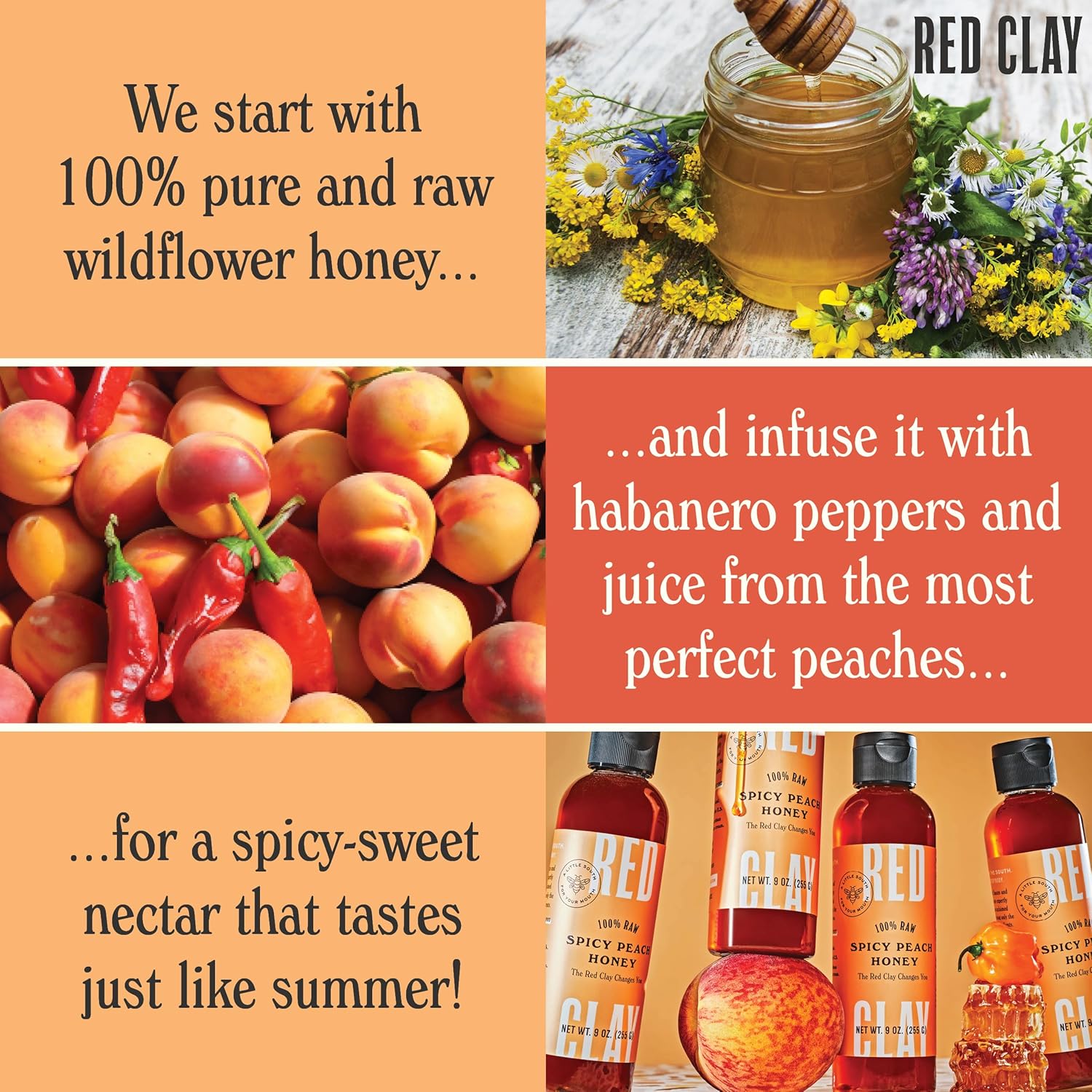 Hot Spicy Peach Honey by Red Clay Hot Sauce, Gluten Free, Paleo Friendly, Raw Wildflower Honey Infused with Real Peach Juice and Habanero Peppers, Sustainably Sourced, Medium Heat, Made in USA, 9 oz