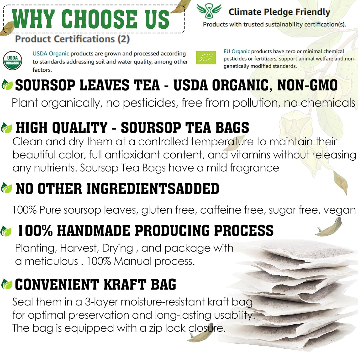 KEYXE - USDA Organic Soursop Graviola Leaves Tea 110 Bags. Non-GMO Verified, 100% Organic Soursop Leaves for Gluten Free, Caffein Free, Hojas De Guanabana Tea Organica, Eco-Conscious Tea Bags