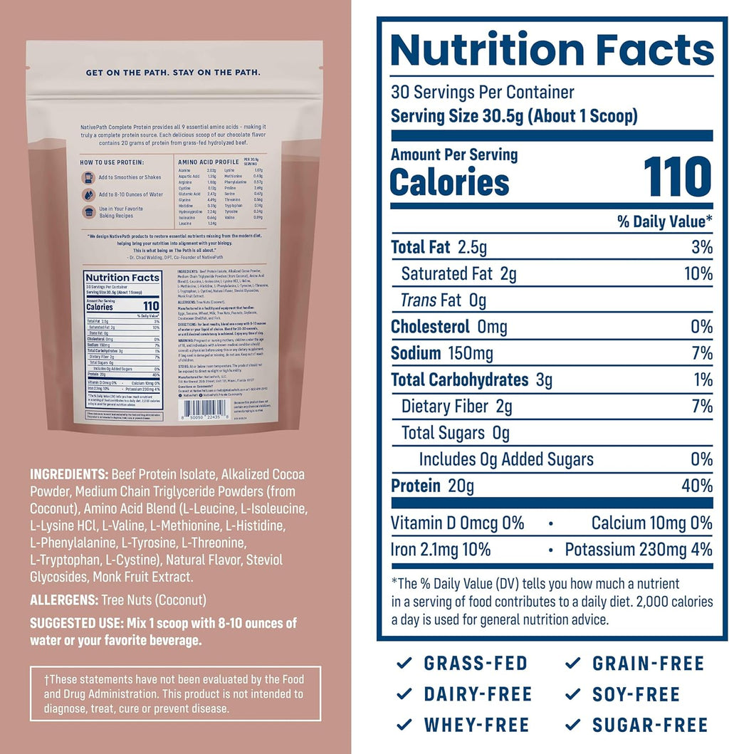 NativePath Complete Beef Protein Powder Isolate – Grass-Fed, Pasture-Raised, Dairy & Lactose Free, Gluten Free, Zero Sugar, MCTs & Amino Acids – 20g Protein, Chocolate Flavor, 30 Servings