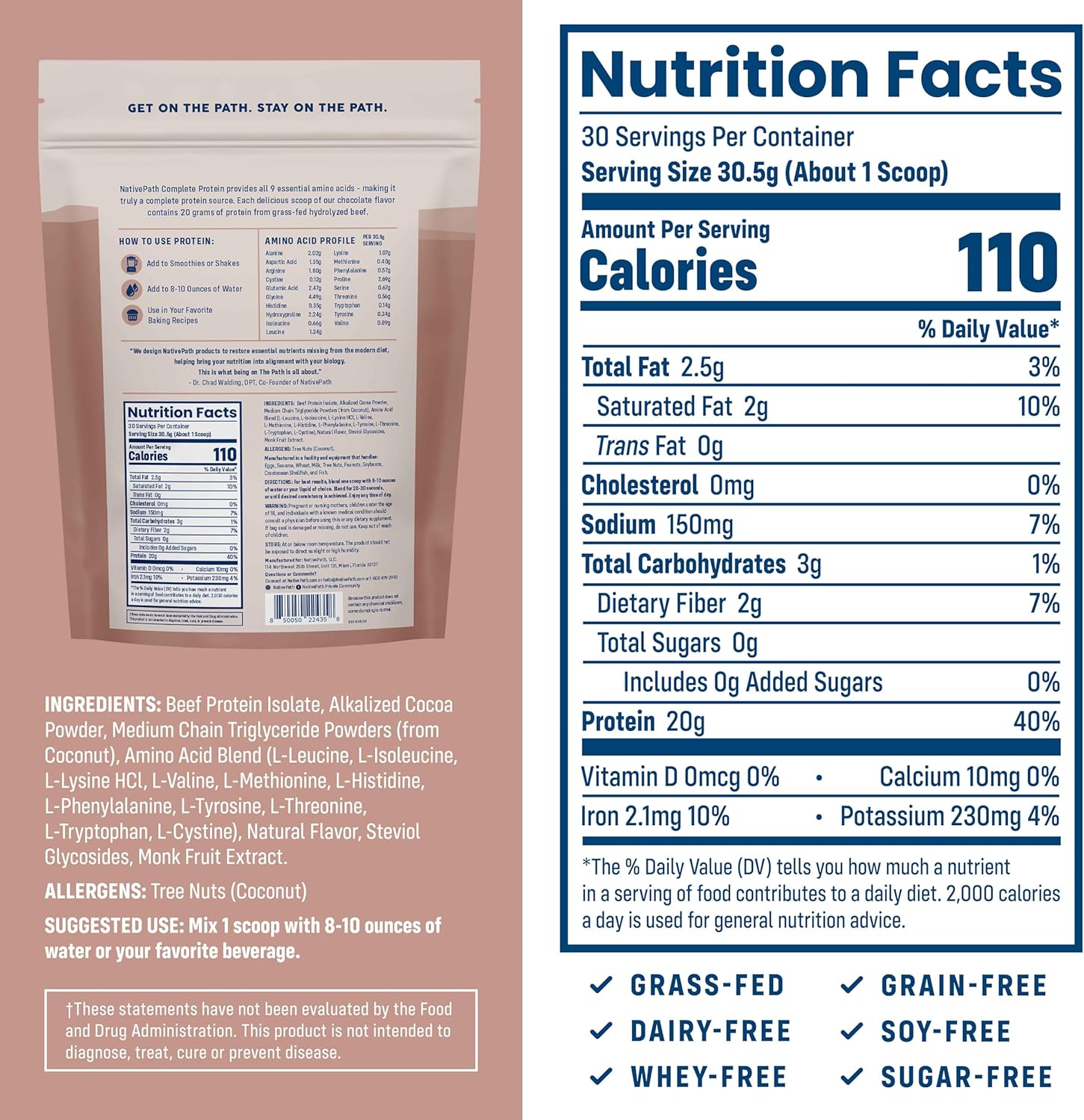 NativePath Complete Beef Protein Powder Isolate – Grass-Fed, Pasture-Raised, Dairy & Lactose Free, Gluten Free, Zero Sugar, MCTs & Amino Acids – 20g Protein, Chocolate Flavor, 30 Servings