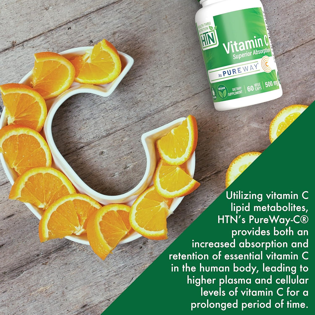 Health Thru Nutrition Vitamin-C 500mg as PureWay-C 360 Vegecaps Superior Absorption | Healthy Immune Function and Collagen Support | 3rd Party Tested | Vegan, Non-GMO and Gluten Free