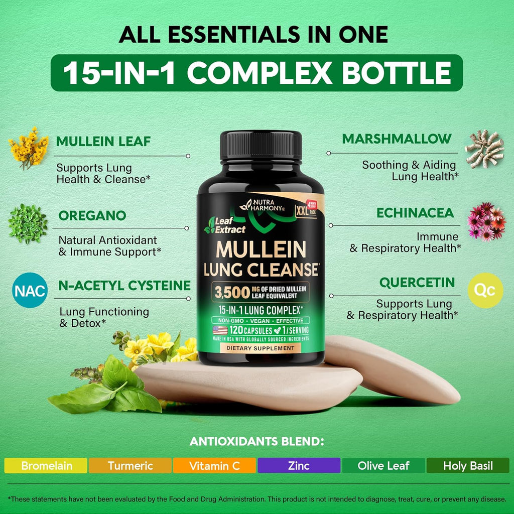 Mullein Leaf Extract for Lung Detox - Marshmallow Root | Echinacea | Oregano | Quercetin | NAC - 15-in-1 Lung Support & Cleanse for Smokers Supplement - Made in USA - As Drops, Tincture - 120 Capsules